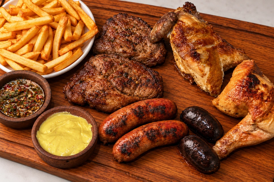 Parrillero con medio pollo, dos porciones de carne, dos chorizos, dos morcillas, papas y dos salsas